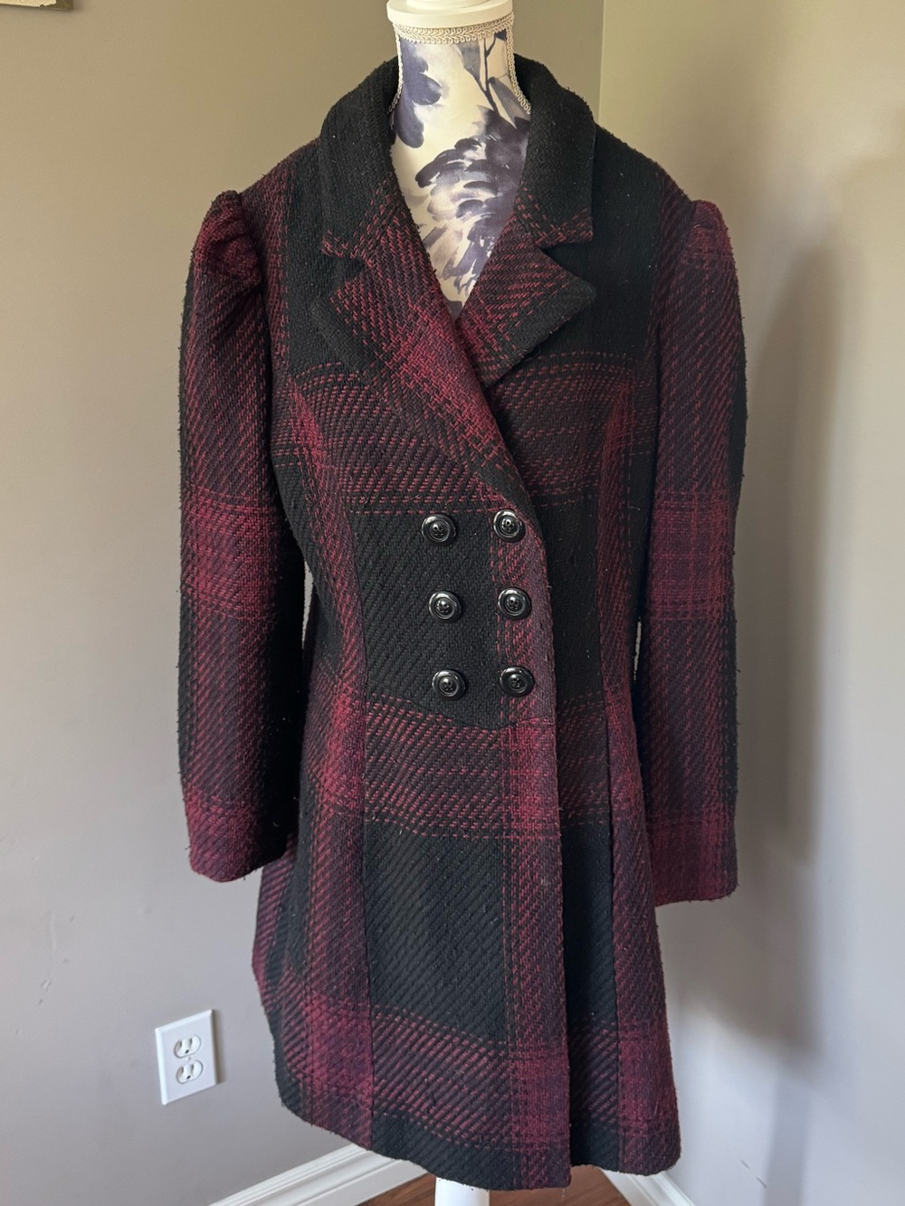 Y2K Suzy Shier Black and Burgundy Plaid Double-Breasted Pea Coat - Picture 1 of 9